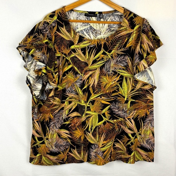 Rafaella Women's Linen Blend Short Sleeve Blouse Sz 2X Ruffle Tropical Beachy - Picture 1 of 8